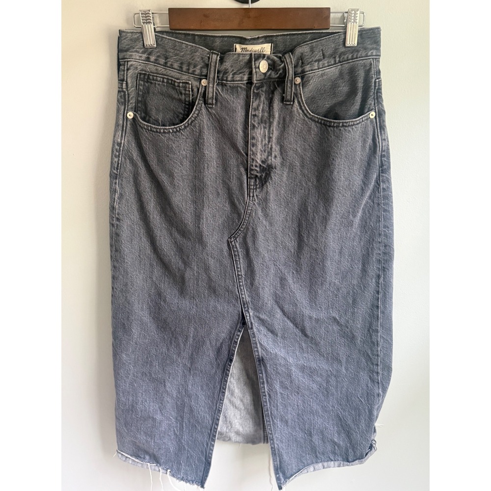 Madewell Rigid Denim A-Line Midi Skirt Faded Black Raw Hem Front Slit Size 28